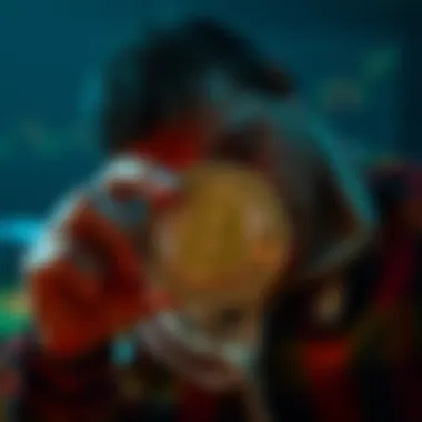 A person examining a Bitcoin symbol while thinking about loans and investment strategies.