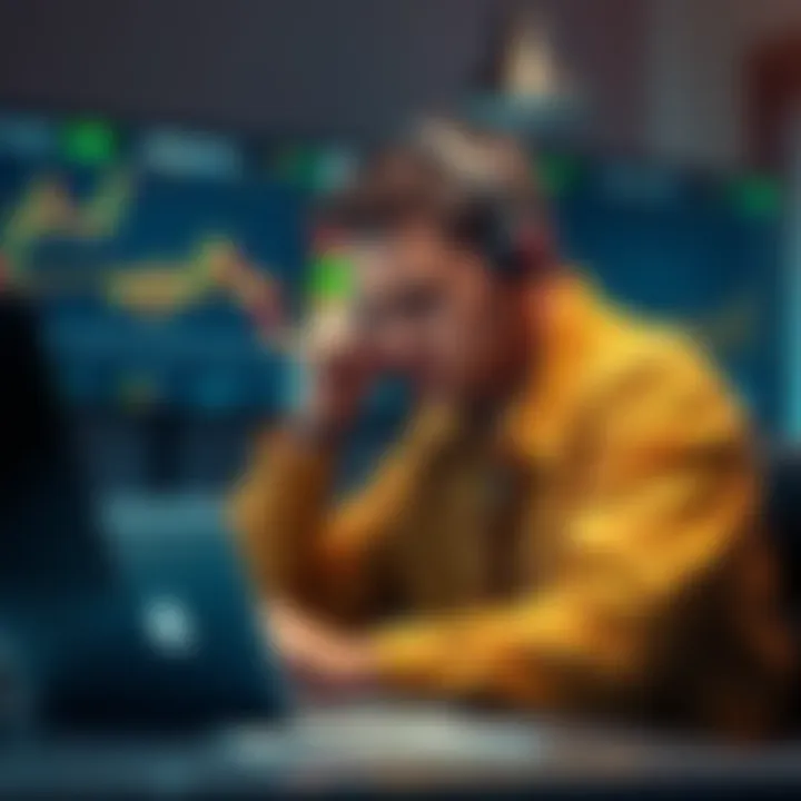 A Bitcoin collector looks pensive, sitting at a desk with a laptop and Bitcoin charts on the screen, reflecting on their recent sale and market trends.