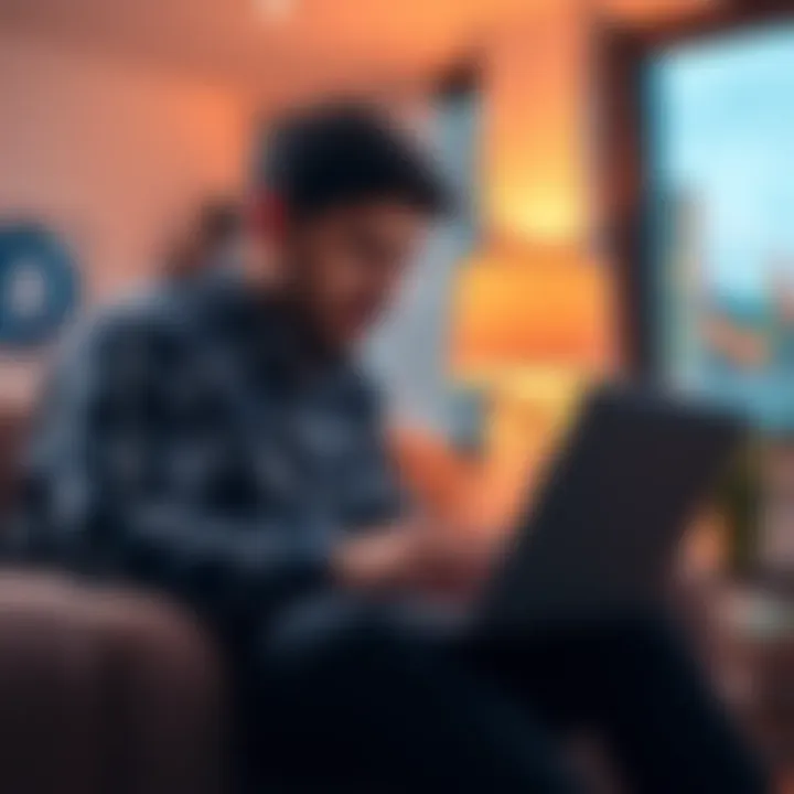 Bitcoin College Fund A father looking at a laptop, planning for his son's college fund with Bitcoin graphs on screen.