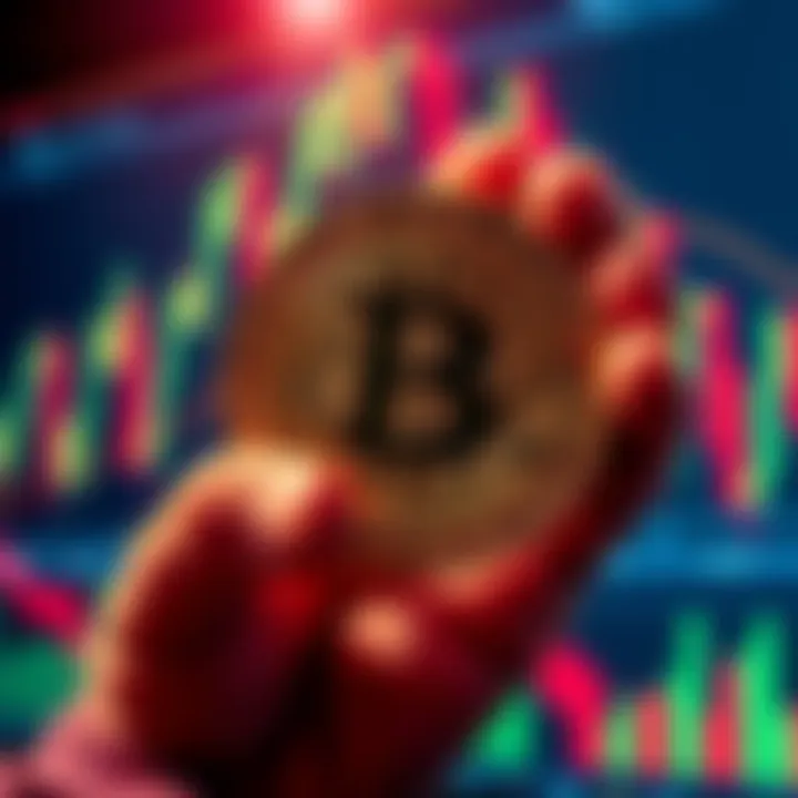 A person holding a Bitcoin symbol with financial charts in the background.