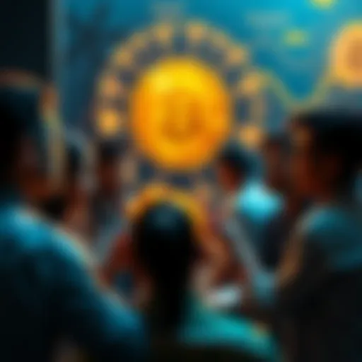 A group of diverse people engaging in a discussion about Bitcoin, with visual elements representing digital currency and community engagement in the background.