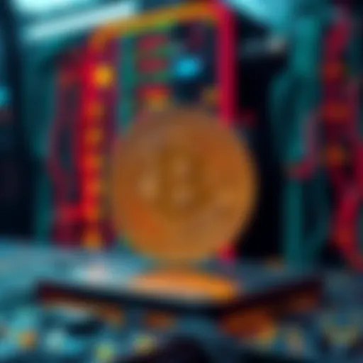 Representation of Bitcoin symbol with supercomputer graphics in the background