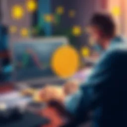 A person analyzing Bitcoin graphs on a laptop with charts and cryptocurrency symbols around.