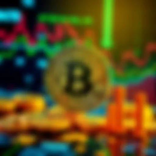 A graphic representation of Bitcoin with digital currency symbols and a chart showing growth trends.