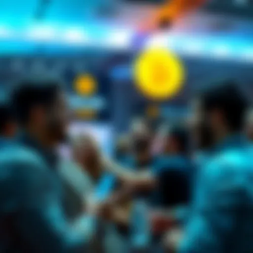 A group of people laughing and discussing Bitcoin at a conference setting, with banners promoting the event in the background.