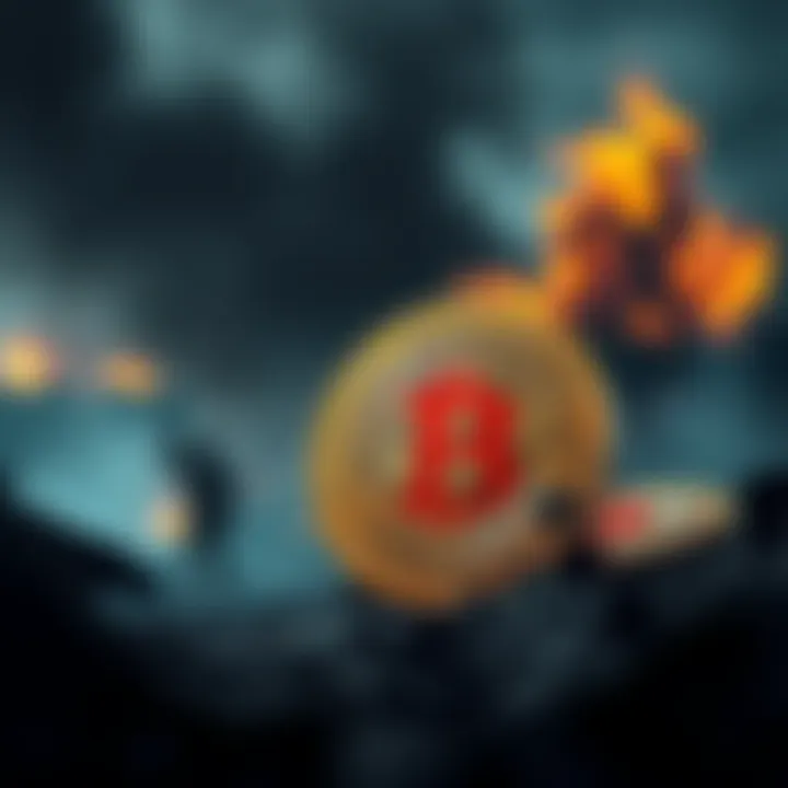 Bitcoin and conflict A symbolic image of Bitcoin coins and a war zone backdrop, illustrating the impact of conflict on cryptocurrency value.