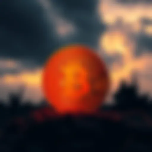 A Bitcoin symbol in the foreground with dark clouds and silhouettes of military actions in the background, symbolizing market resilience amid conflict.