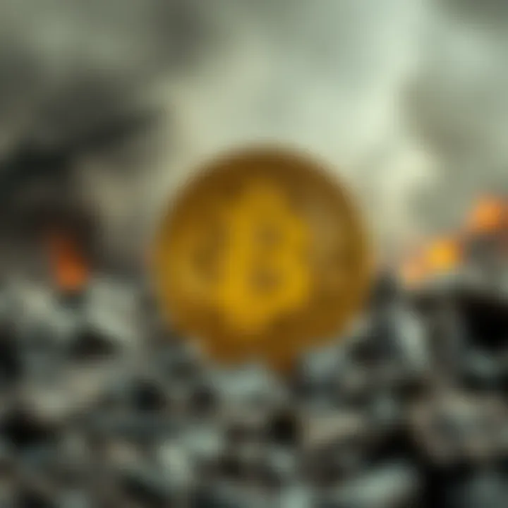Bitcoin symbol with a war-torn background, illustrating the impact of conflict on cryptocurrency value