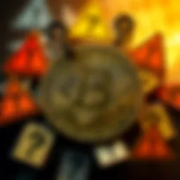 A Bitcoin symbol surrounded by question marks and warning signs, representing the controversies and debates about cryptocurrency in 2026.