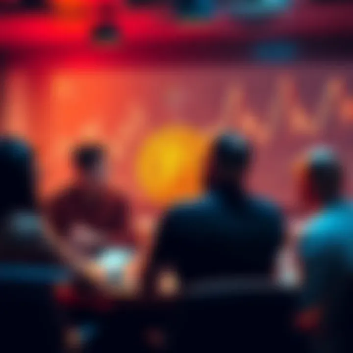 Bitcoin Core and Data Spam Discussion A group of Bitcoin enthusiasts discussing the impact of Bitcoin Core on data spam, with charts and graphs in the background.