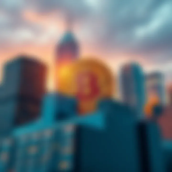 A graphic showing corporate buildings overlaying a Bitcoin symbol, indicating corporate influence on cryptocurrency.