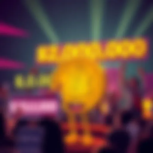 A cartoon Bitcoin character with a big smile, standing next to a countdown timer showing a fun representation of $200,000, surrounded by cheering crypto fans holding signs and banners, celebrating the anticipated rise in value.