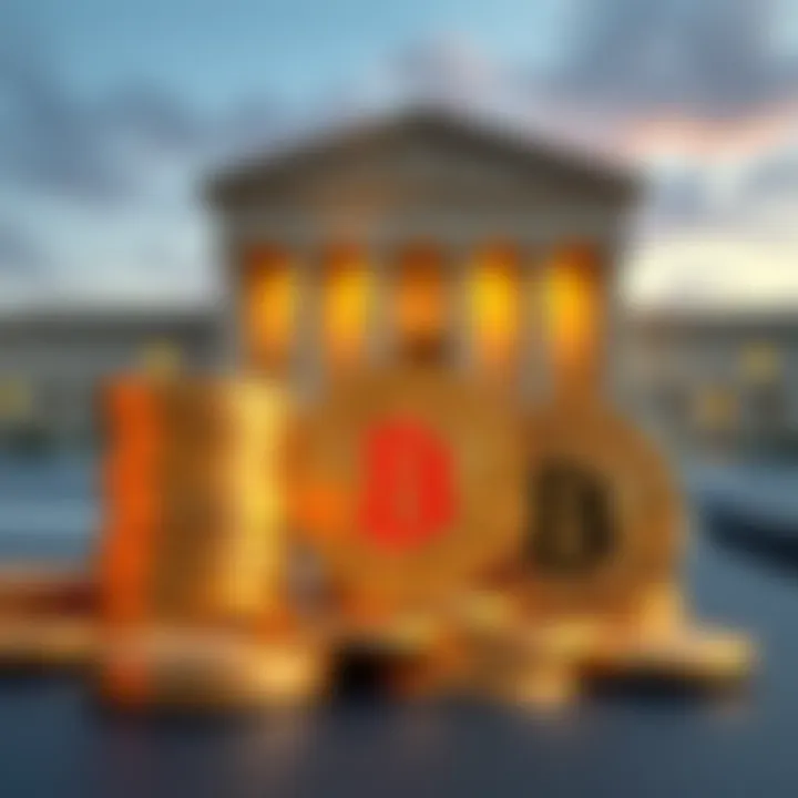 A stack of Bitcoin coins in front of a large courthouse building, symbolizing a court case affecting Bitcoin taxes.