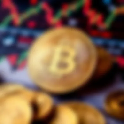 A Bitcoin symbol surrounded by digital currency graphics and financial charts