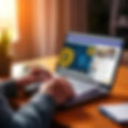 Bitcoin coverage sources A person reading Bitcoin news articles on a laptop, with a notebook and a coffee cup beside them