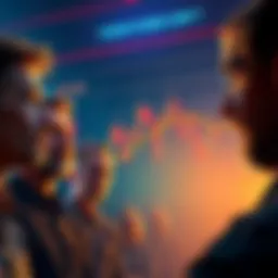 A group of worried investors looks at a financial chart showing a steep decline in Bitcoin prices, reflecting their concerns during market crashes.