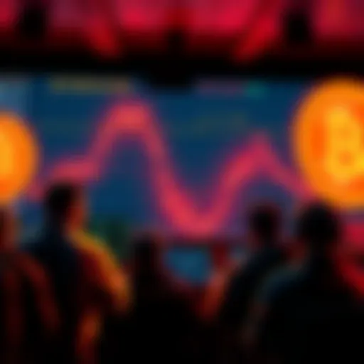 A graph showing a sharp decline in Bitcoin prices, with worried people looking at their screens. Some traders appear eager, considering buying more Bitcoin.