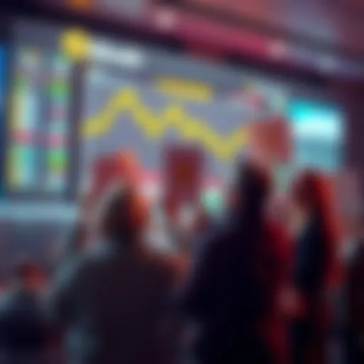 A group of people watching a stock market screen showing Bitcoin prices dropping sharply, expressing joy and relief over the decline, with some holding signs advocating traditional work ethics over cr...