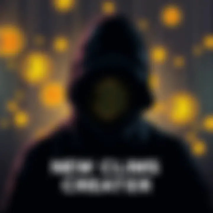 An illustration of a figure shrouded in shadows, representing the mysterious identity behind Bitcoin's creation, with digital currency symbols in the background.