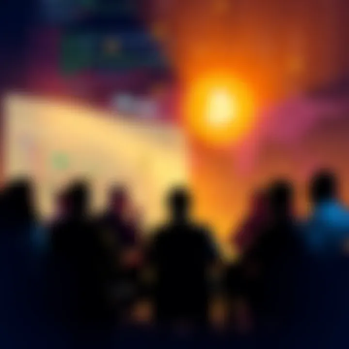 People debating who created Bitcoin, surrounded by tech-related visuals like codes and graphs.