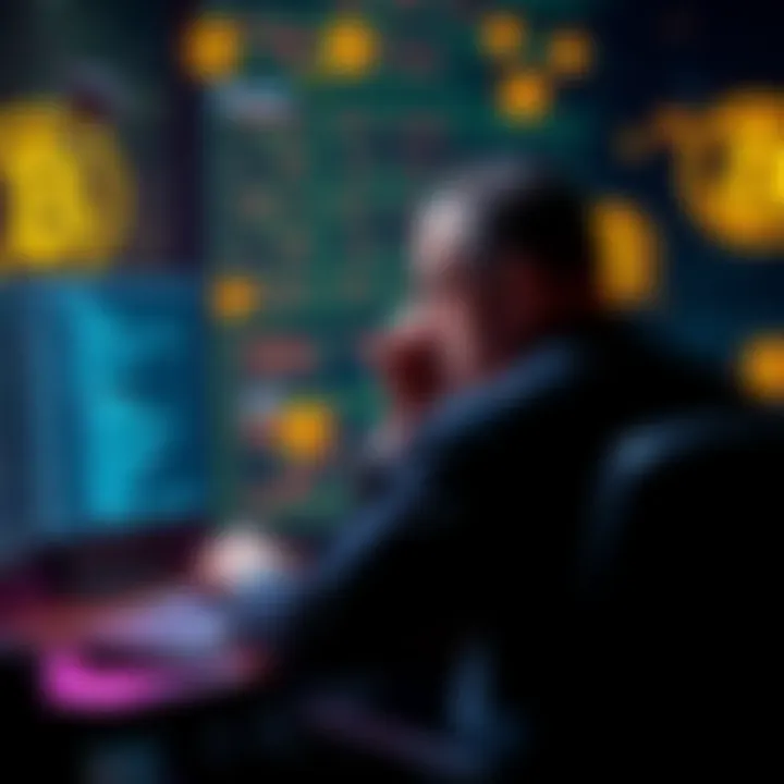 A person sitting at a computer looking frustrated with email encryption, surrounded by computer code and Bitcoin symbols.