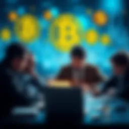 A group of people analyzing digital footprints and documents in search of Satoshi Nakamoto, with a laptop and Bitcoin symbols in the background