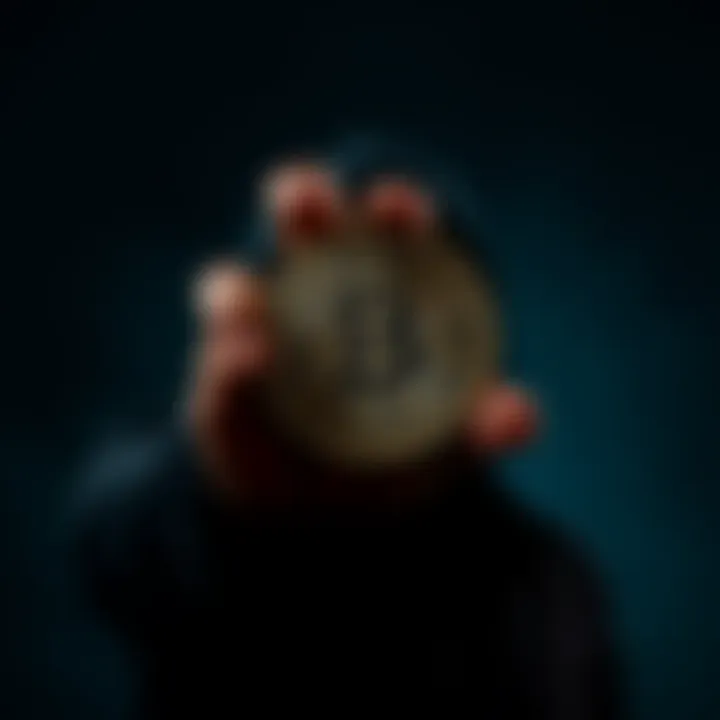 A person holding a Bitcoin symbol with dark shadows representing crime and scams surrounding it.