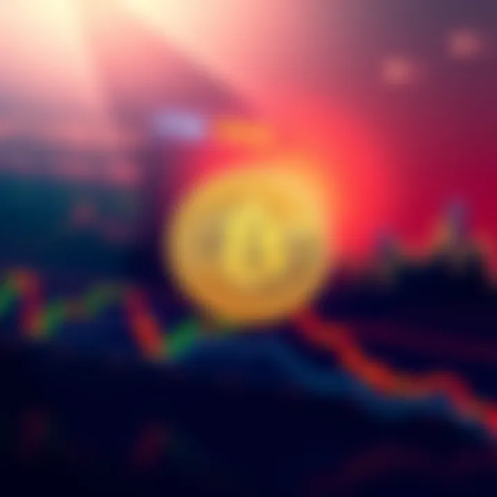 A visual representation of Bitcoin price charts showing a downward trend, with a looming shadow of a bankruptcy symbol over it.