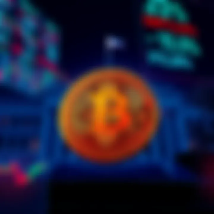 Bitcoin symbol with stock market charts and Federal Reserve building in background indicating market changes