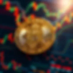 A close-up of a Bitcoin symbol surrounded by fluctuating financial graphs and charts, representing market speculation.
