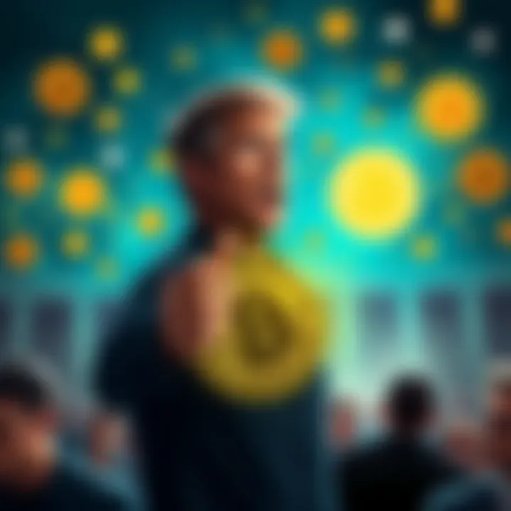 A person debating passionately about Bitcoin, surrounded by symbols of cryptocurrency and a crowd showing mixed reactions, representing the intense discussion on Bitcoin's cult-like nature.