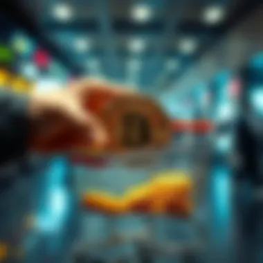A person holding a physical Bitcoin and a shopping cart, indicating the use of Bitcoin for transactions