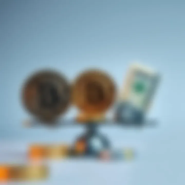 A visual representation showing Bitcoin coins and traditional currency notes on a scale, highlighting the differences.