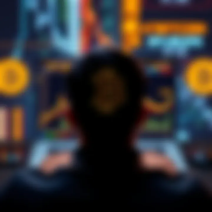 Bitcoin Currency Concept A person facing a laptop screen showing a Bitcoin logo and declining chart, symbolizing the risks of Bitcoin as a currency.