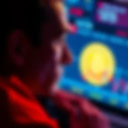 A person looks at a Bitcoin symbol on a screen, contemplating its value amid market hype.