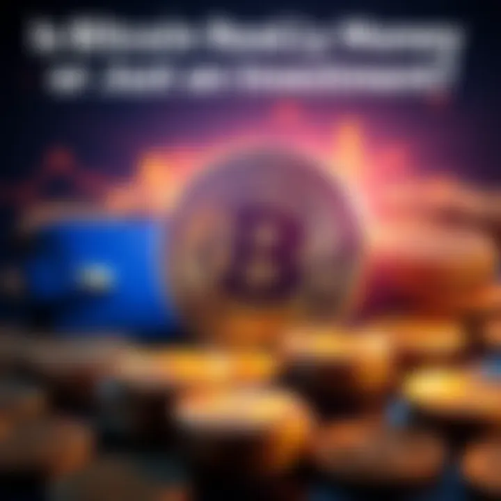 Conceptual illustration of Bitcoin symbolizing currency challenges versus investment potential, featuring a digital wallet and coins in the backdrop.