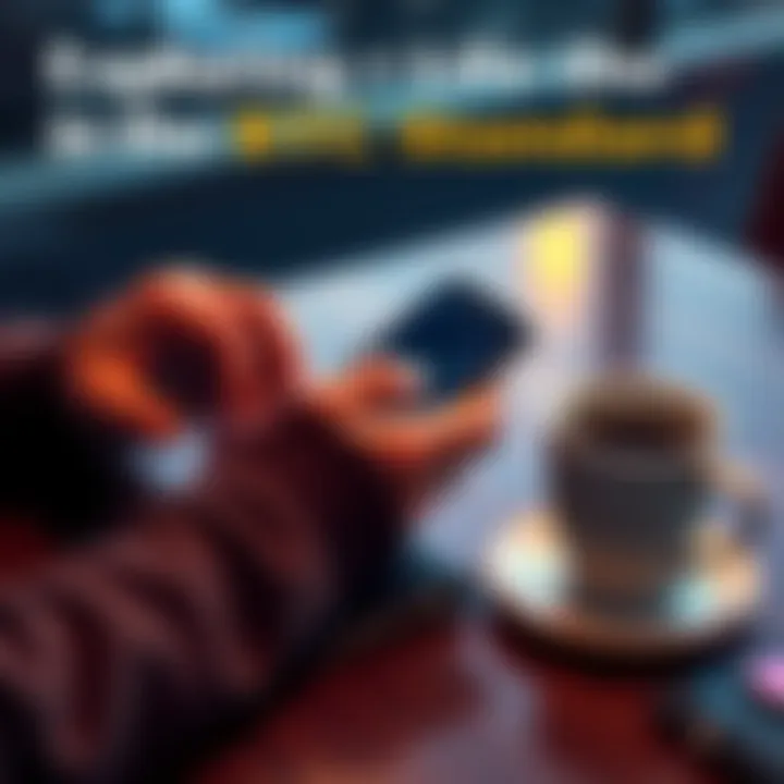 A person using a smartphone to manage their finances with Bitcoin, alongside a wallet and coffee cup on a table.