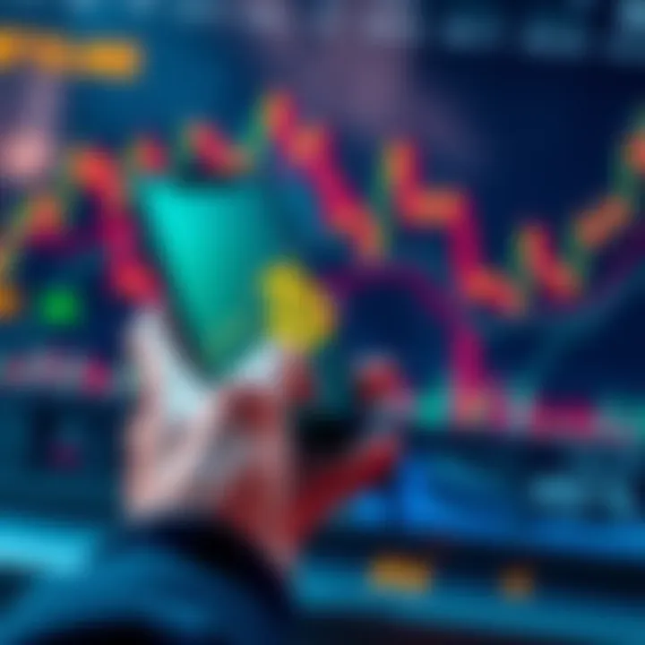 A person using a smartphone to buy Bitcoin with graphs and charts in the background indicating market trends.