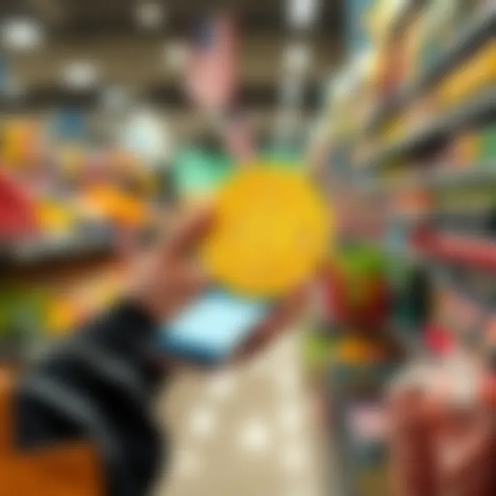 A person using a smartphone to make a payment with Bitcoin at a grocery store, surrounded by shopping items.