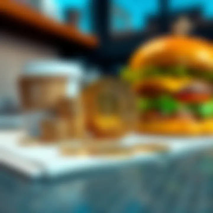 A stack of Bitcoin coins next to a coffee cup and a burger, illustrating the impact of high Bitcoin prices on everyday purchases.