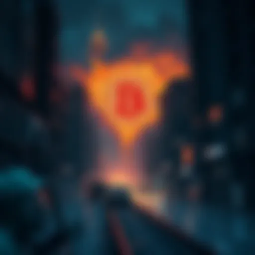 A dimly lit cityscape with a Bitcoin symbol fading away, illustrating the challenges of digital currency during a societal collapse.