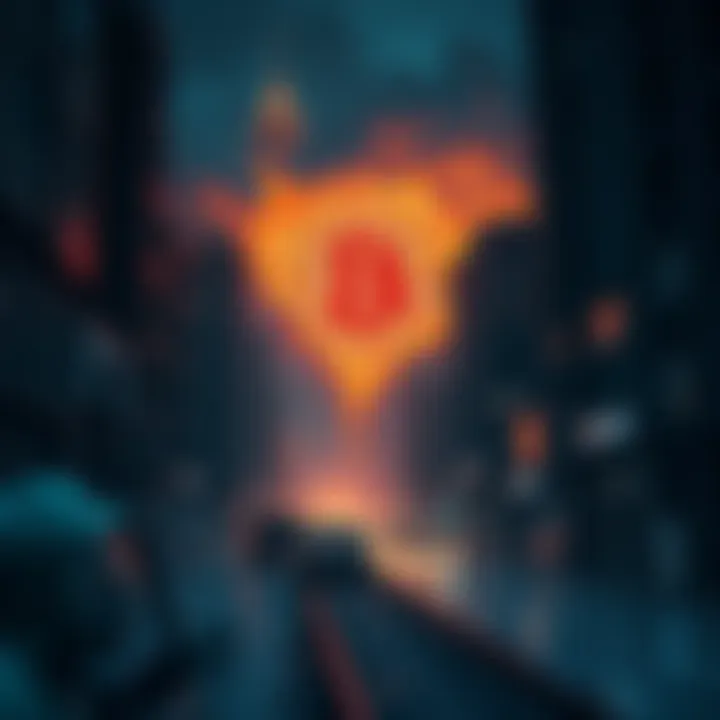 A dimly lit cityscape with a Bitcoin symbol fading away, illustrating the challenges of digital currency during a societal collapse.