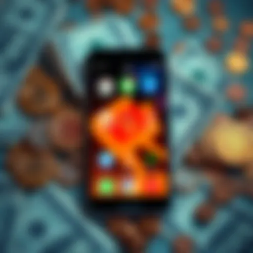 A smartphone displaying various apps for automating Bitcoin Dollar Cost Averaging investments, surrounded by dollar bills and coins.