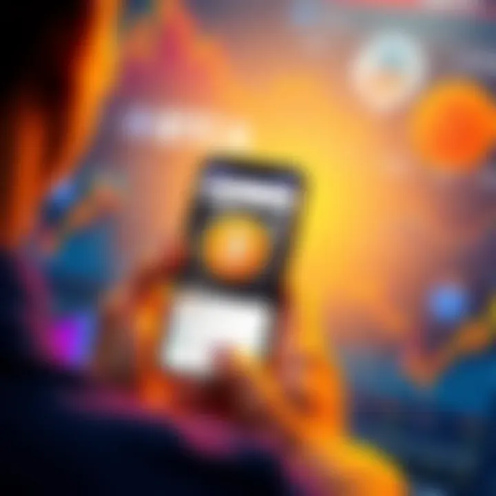 A person holding a smartphone showing the Bitstack app with Bitcoin transactions, highlighting easy purchases and wallet services, surrounded by financial charts and reports.