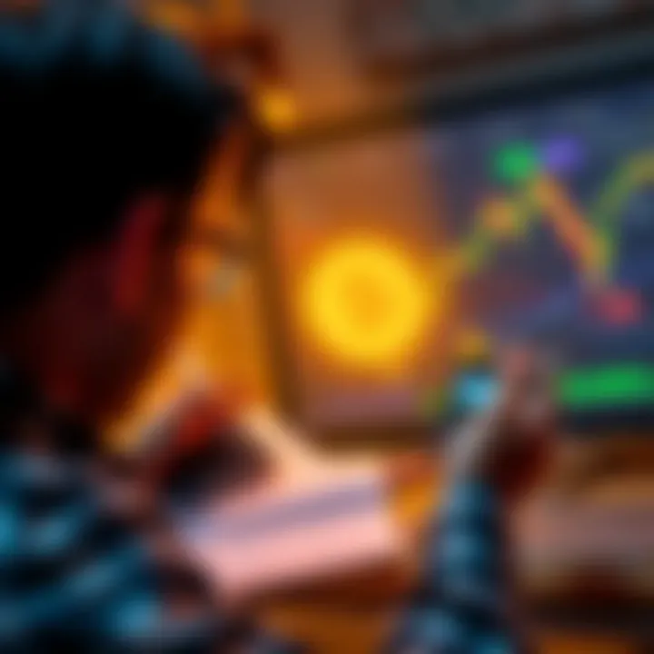 A person analyzing Bitcoin price charts with a calculator and notepad, considering investment strategies amidst fluctuating prices.
