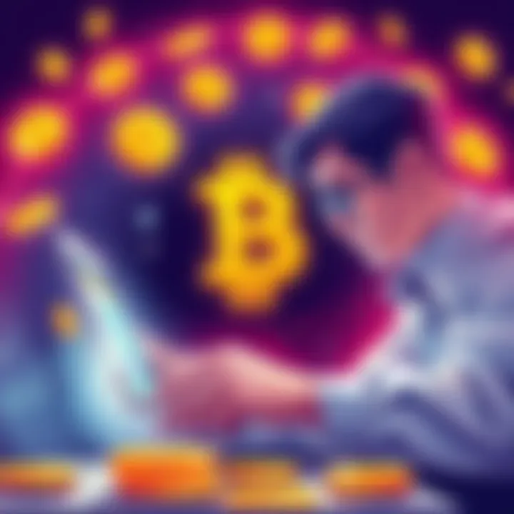 Illustration of a person calculating Bitcoin purchases using dollar-cost averaging methods with various platforms like Strike and Kraken.