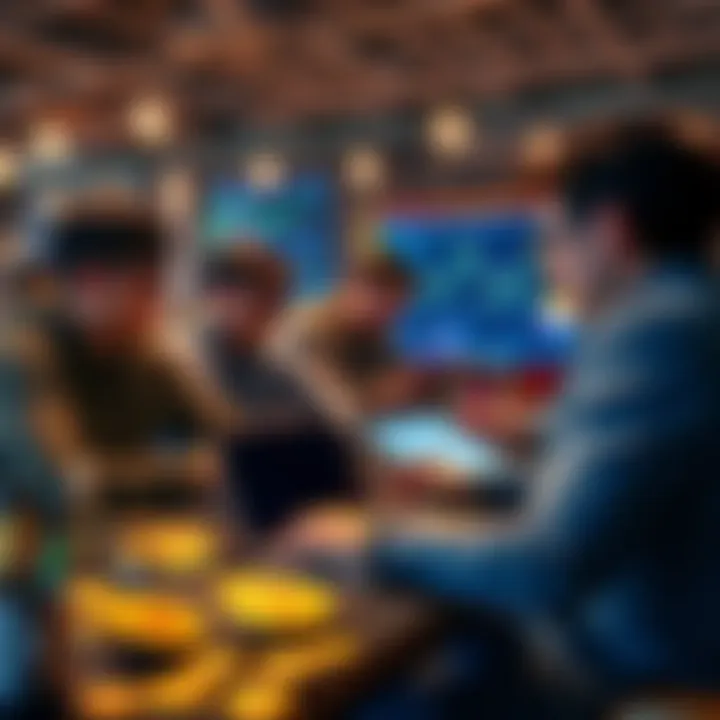 A group of people discussing Bitcoin with laptops and charts in a lively setting.