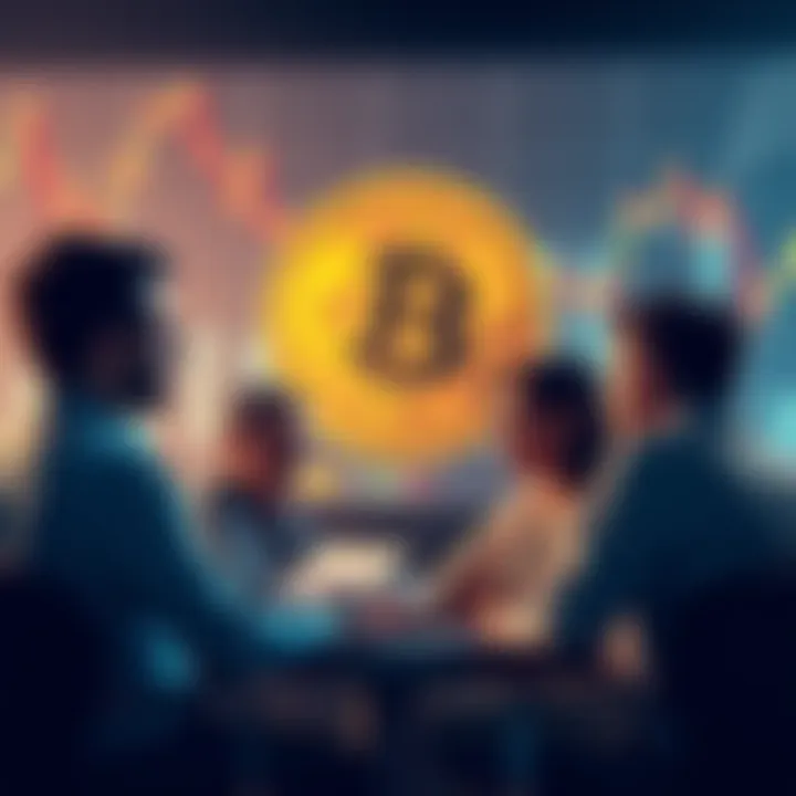 A group of people discussing Bitcoin with charts and graphs in the background