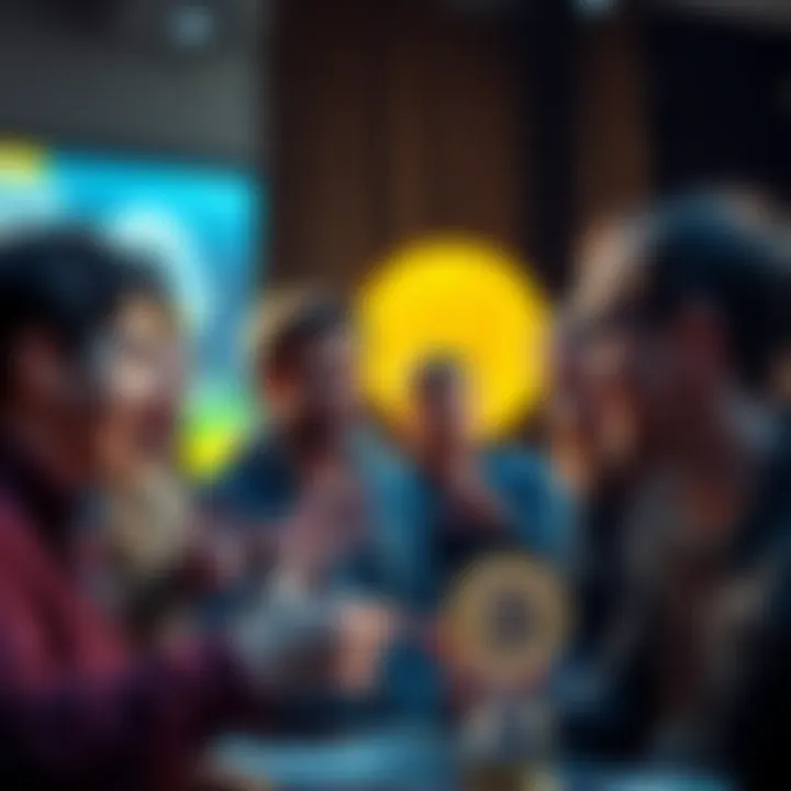 Group of Bitcoin enthusiasts discussing animatedly, showcasing their passion for cryptocurrency, with frustrated expressions towards critics.
