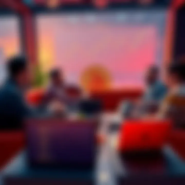 A group of Bitcoin supporters and skeptics discussing cryptocurrency in a relaxed setting, with charts and laptops in view.